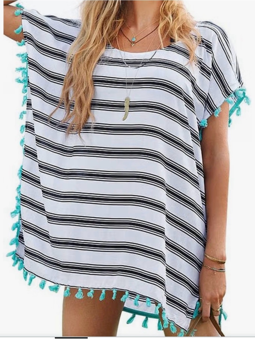 Striped White & Black Women's Swim Cover-Up with Turquoise Tassels